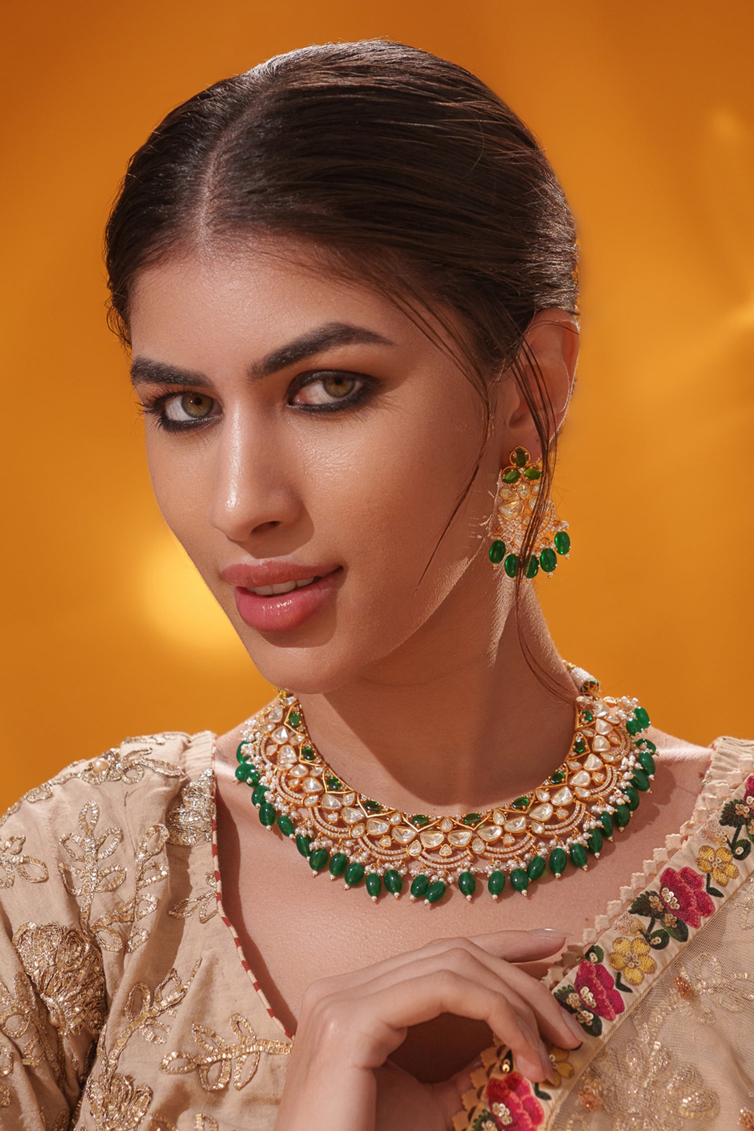 Green Bead Drop Necklace Set 