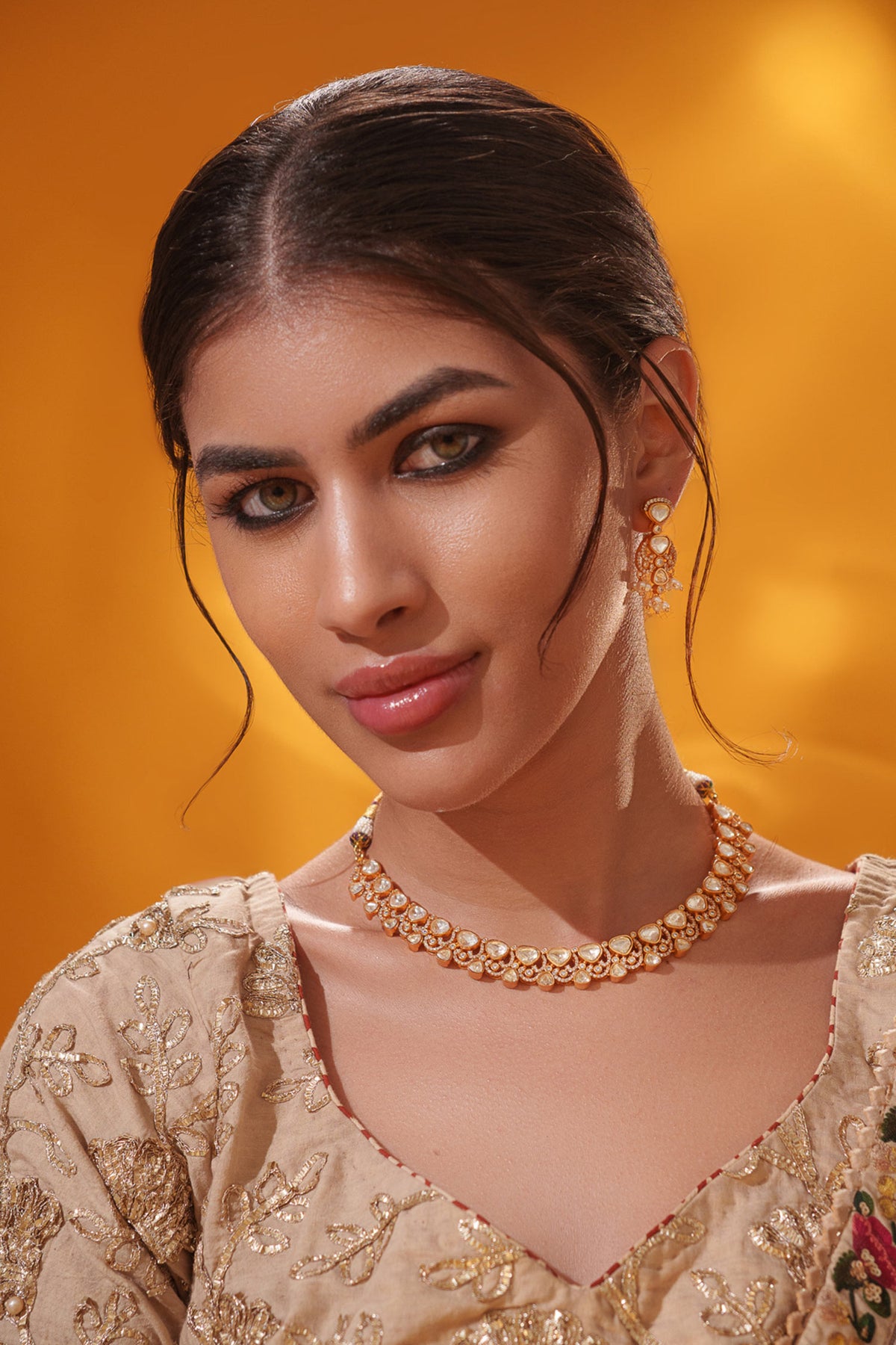 Studded Necklace With Bead Drop Earrings 