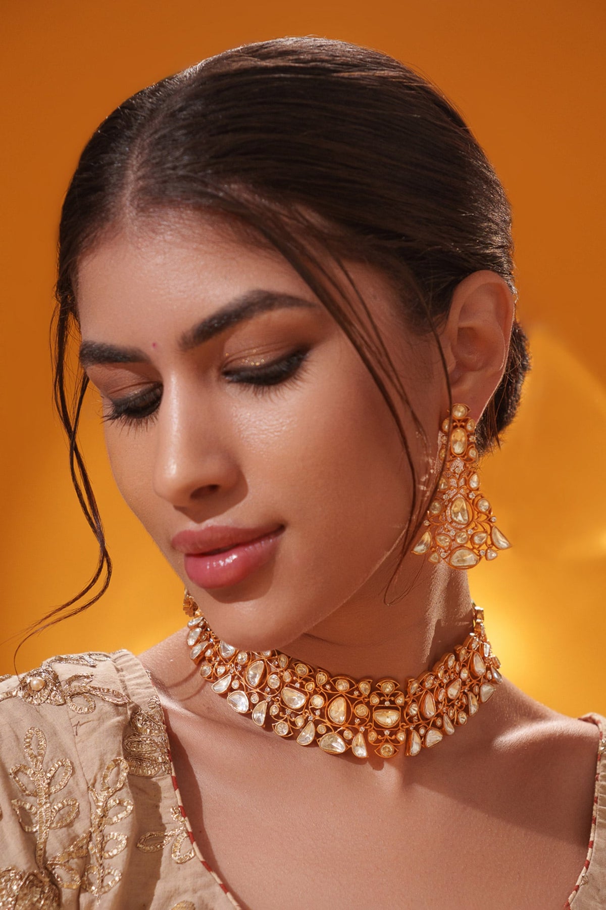 Stone Studded Necklace With Earrings 