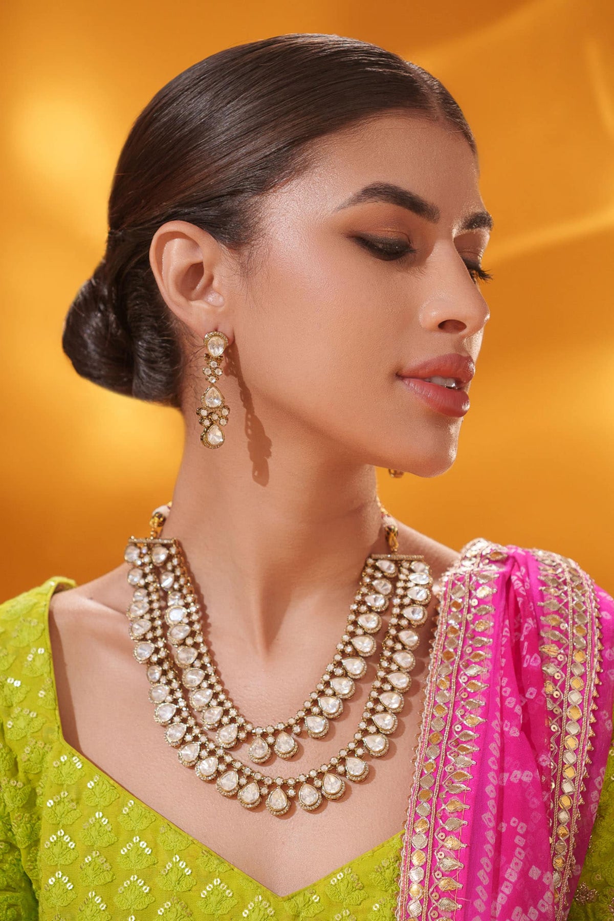 Long Necklace With Embellished Earrings 