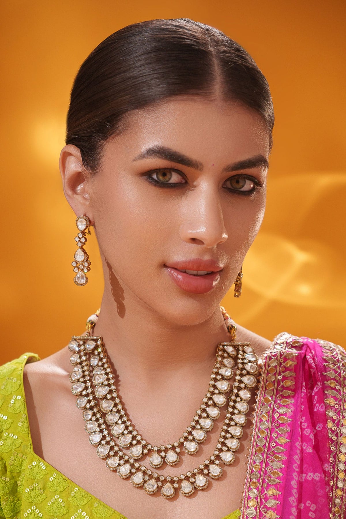 Long Necklace With Embellished Earrings 