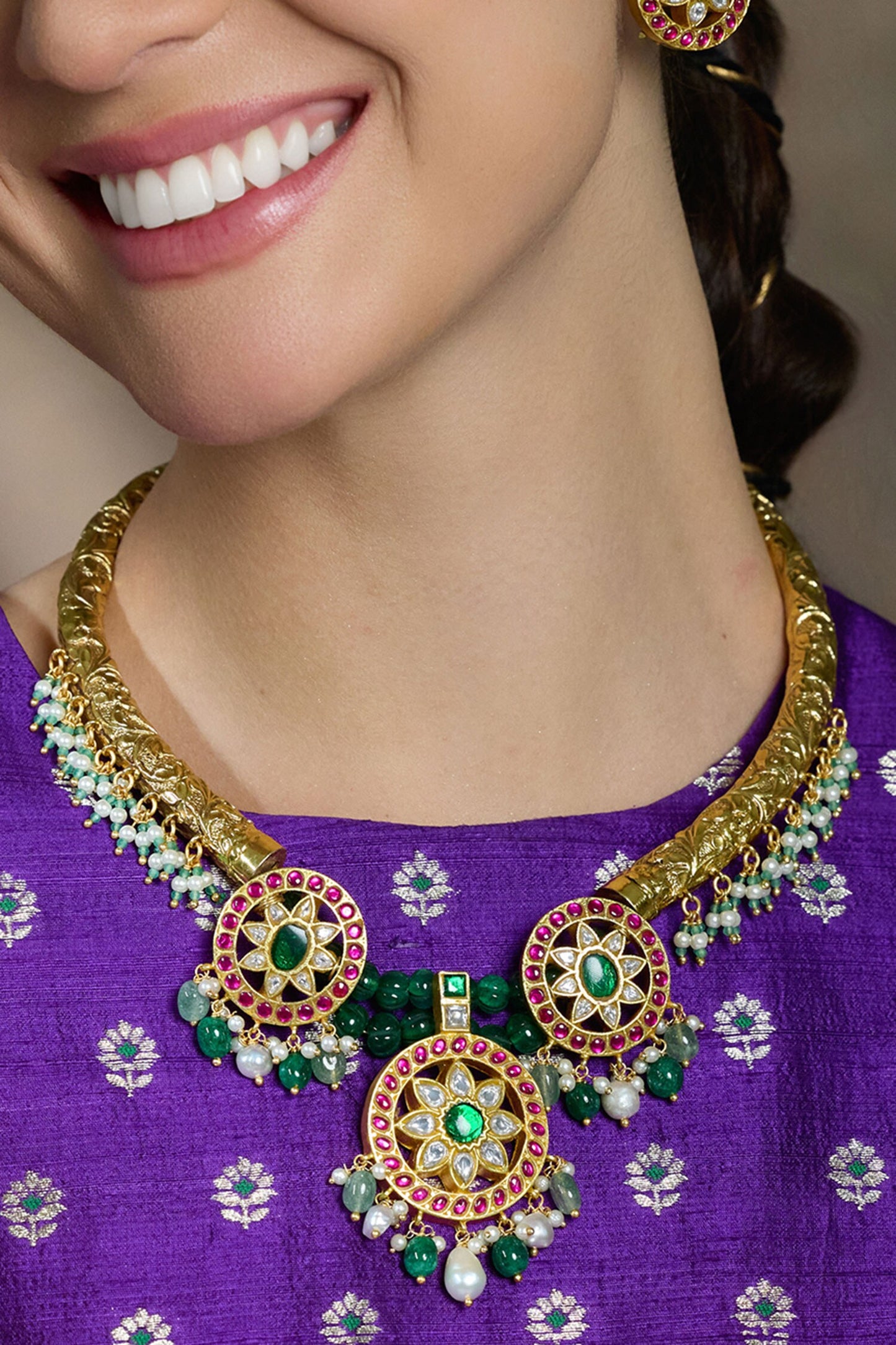 Kundan Floral Embellished Choker Necklace Set 