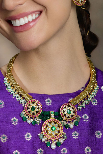 Kundan Floral Embellished Choker Necklace Set 
