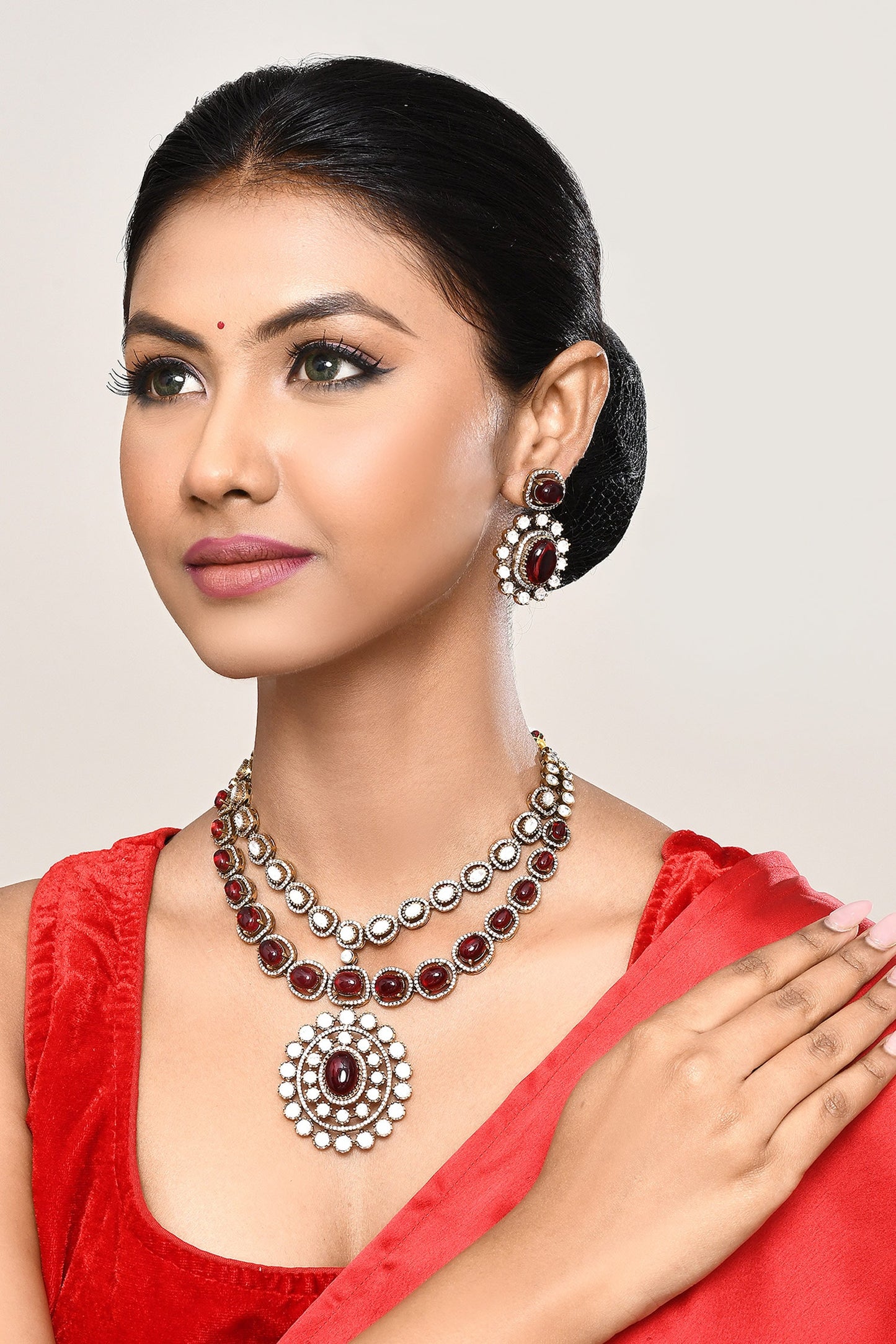 Stone Studded Two-Layered Necklace & Earring Set 