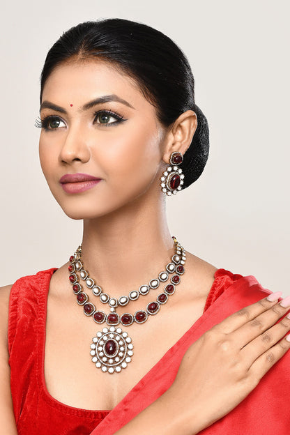 Stone Studded Two-Layered Necklace & Earring Set 