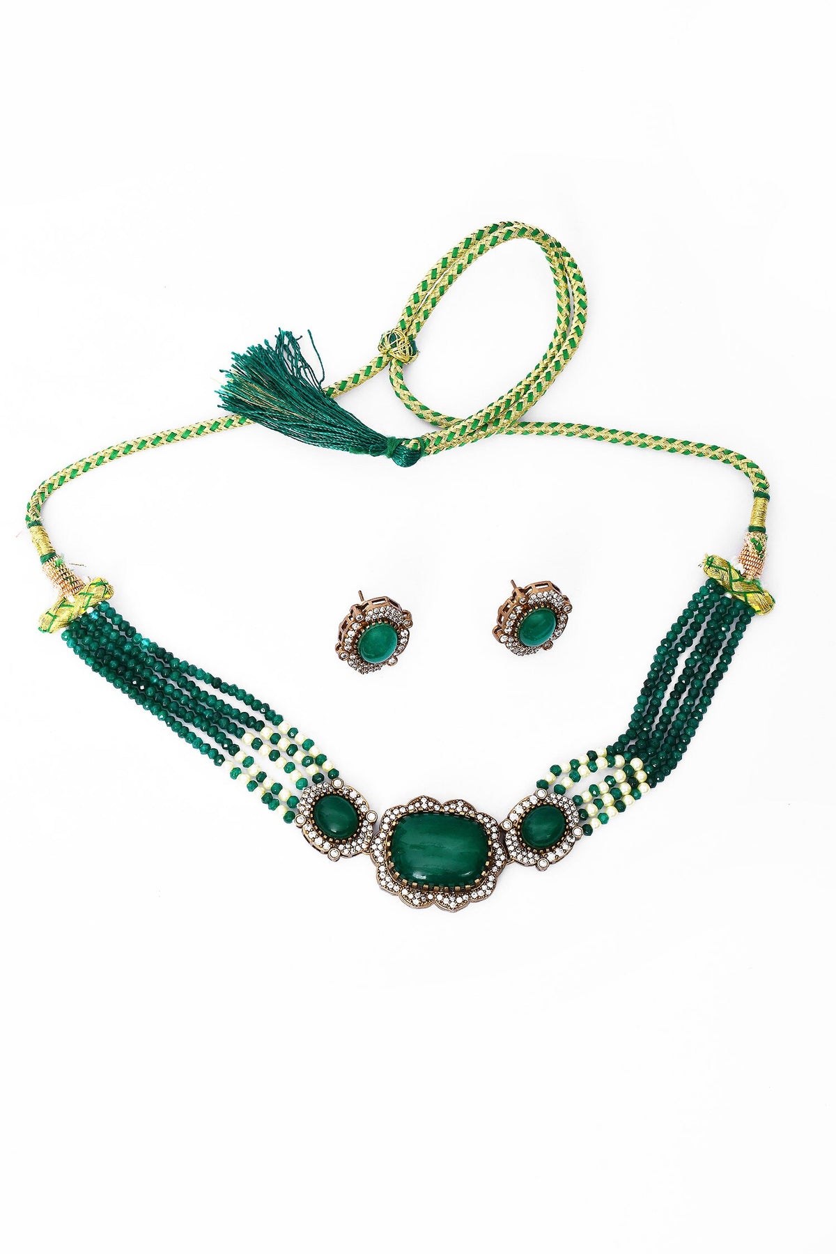 Beaded Stone Embellished Choker Necklace & Earrings 
