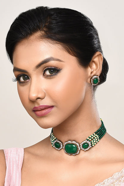 Beaded Stone Embellished Choker Necklace & Earrings 