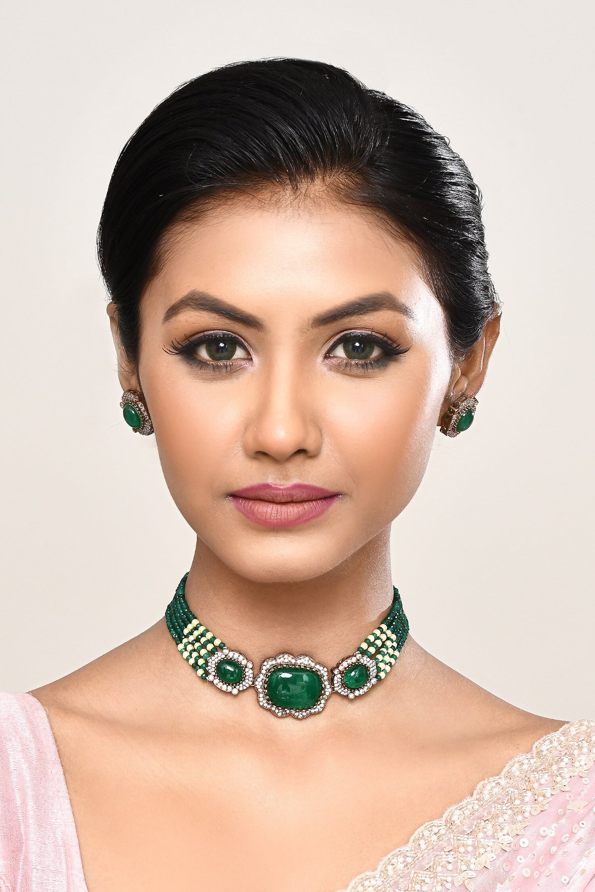 Beaded Stone Embellished Choker Necklace & Earrings 