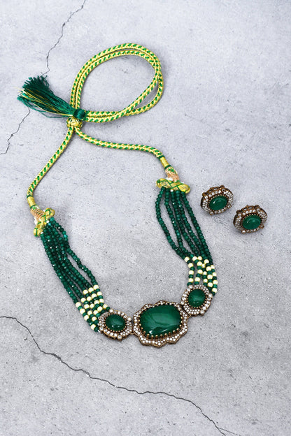 Beaded Stone Embellished Choker Necklace & Earrings 