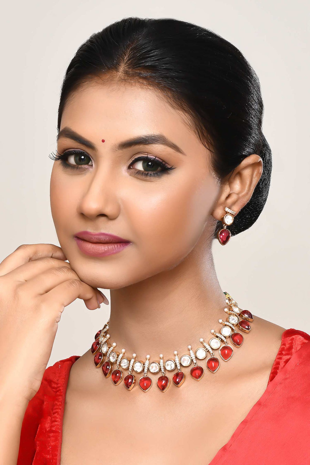 Kundan & Red Stone Embellished Necklace Set 