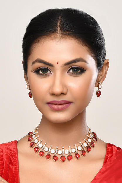 Kundan & Red Stone Embellished Necklace Set 