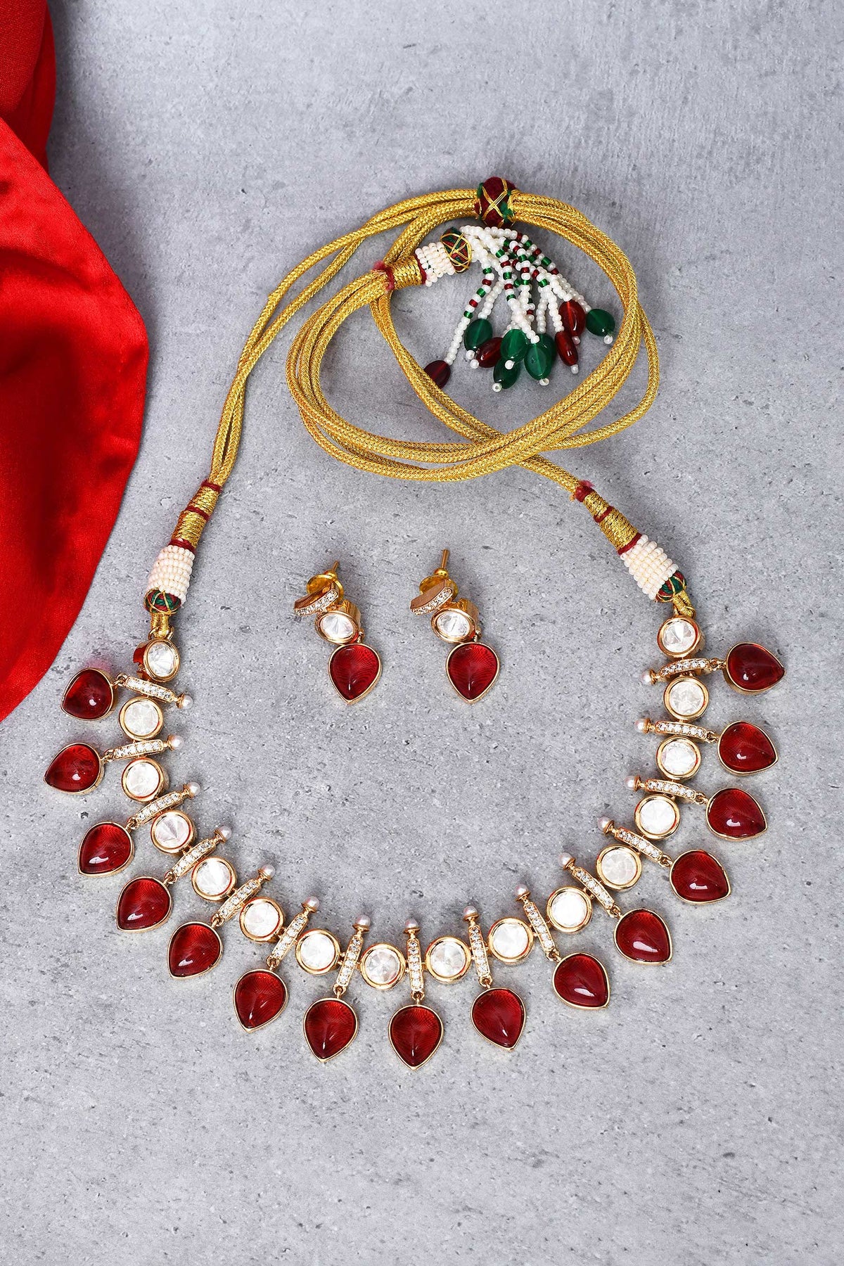 Kundan & Red Stone Embellished Necklace Set 