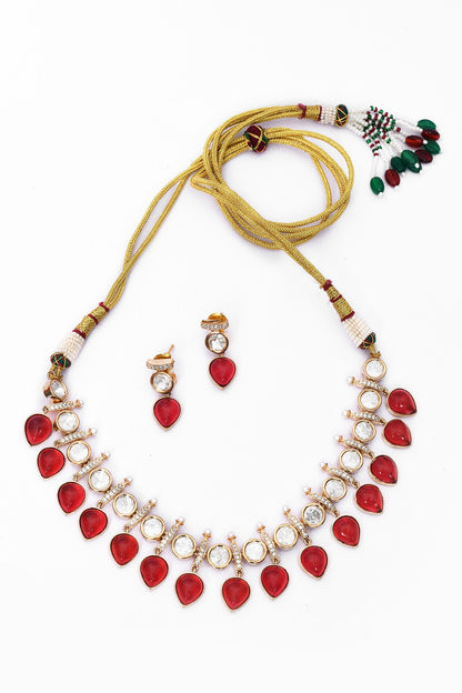 Kundan & Red Stone Embellished Necklace Set 