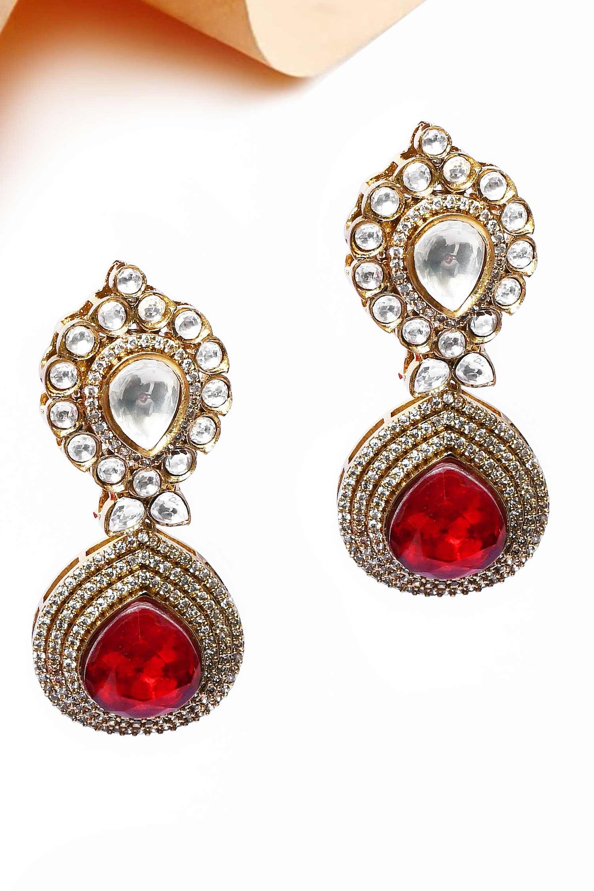 Kundan & Red Stone Drop Earrings 