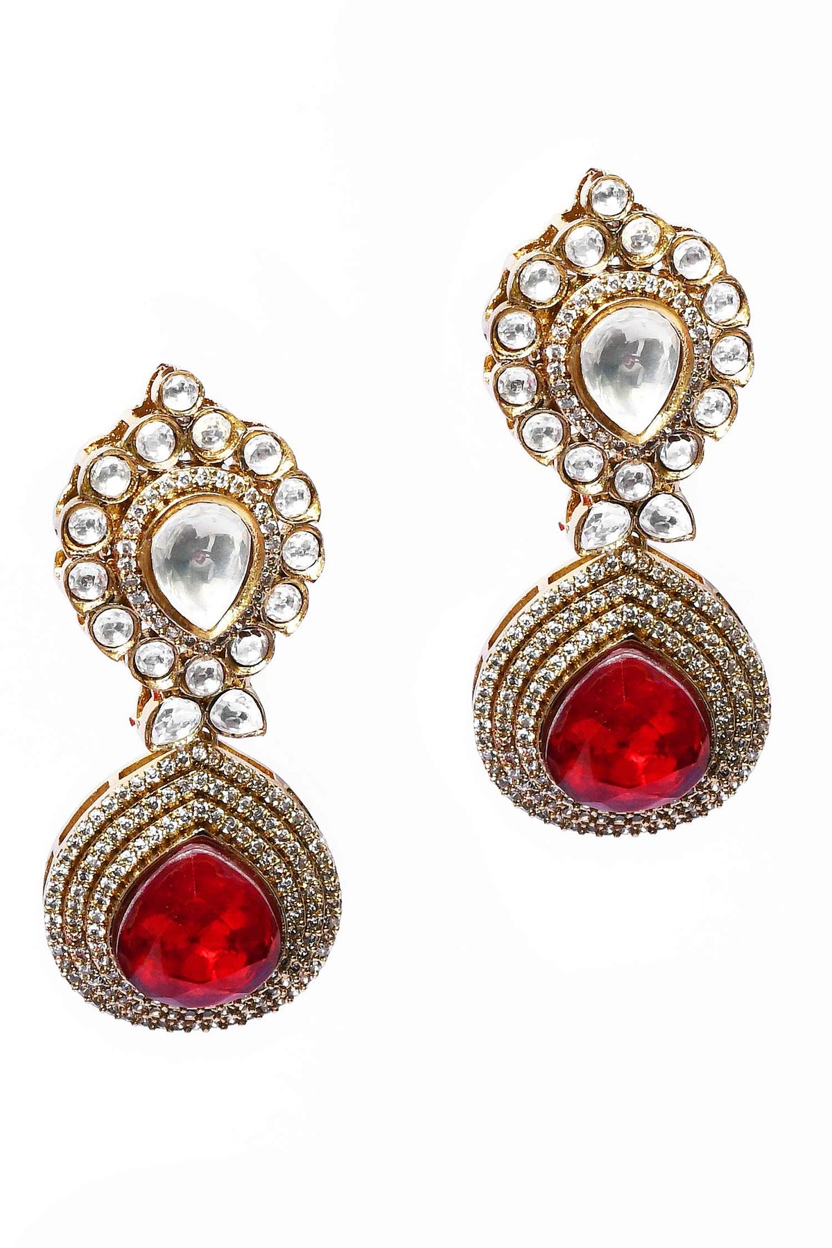 Kundan & Red Stone Drop Earrings 