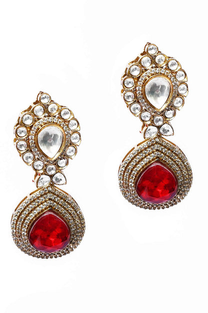 Kundan & Red Stone Drop Earrings 