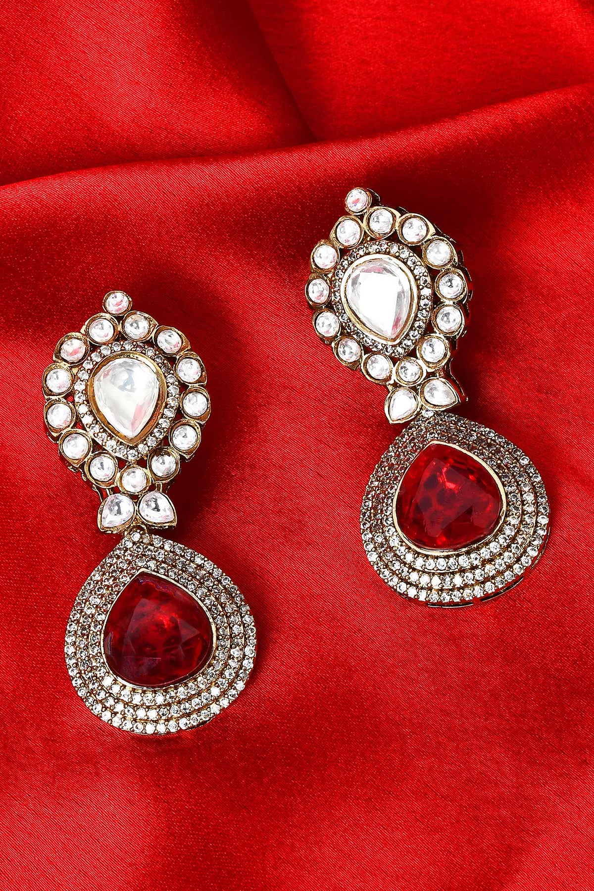 Kundan & Red Stone Drop Earrings 