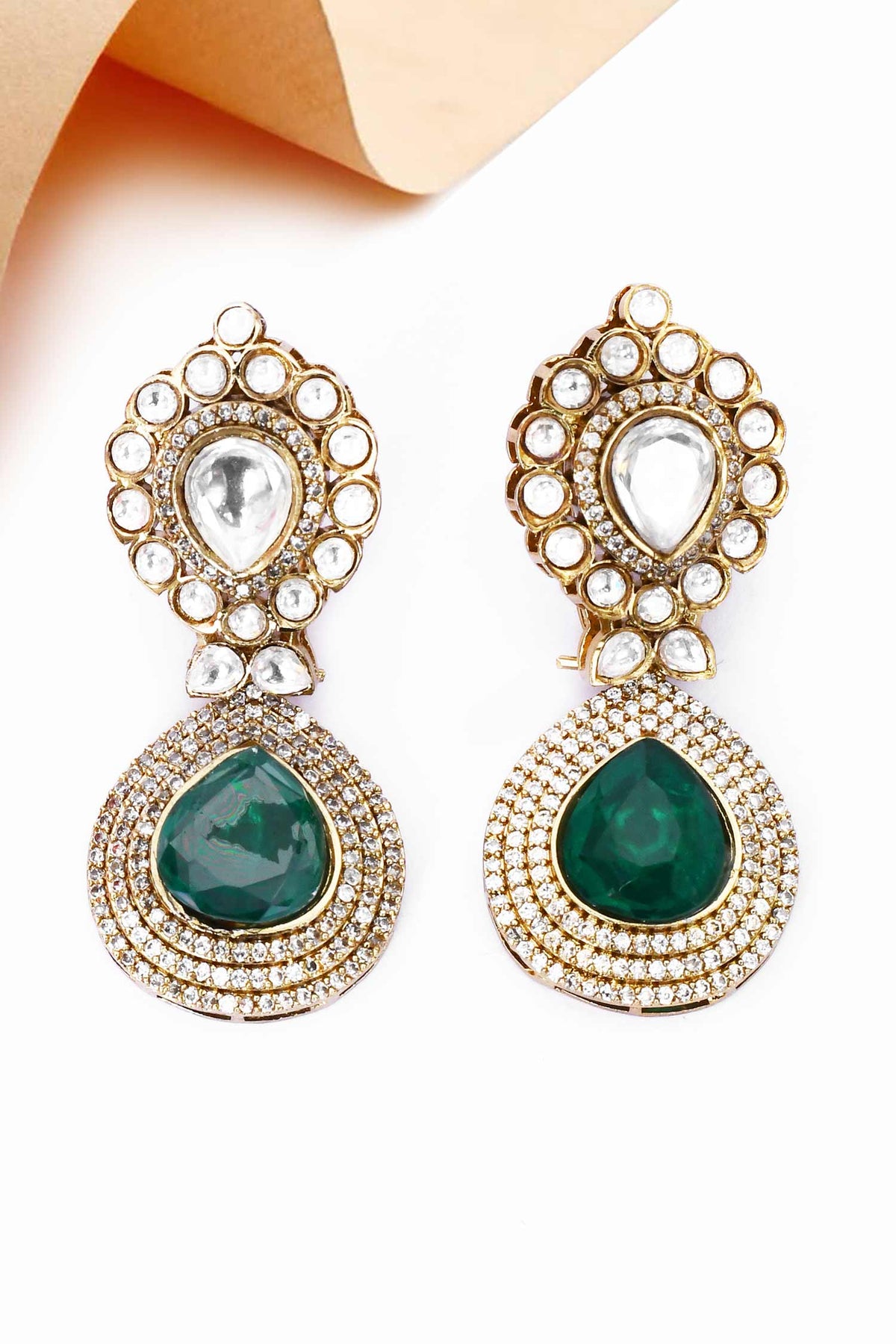 Kundan & Green Stone Drop Earrings 