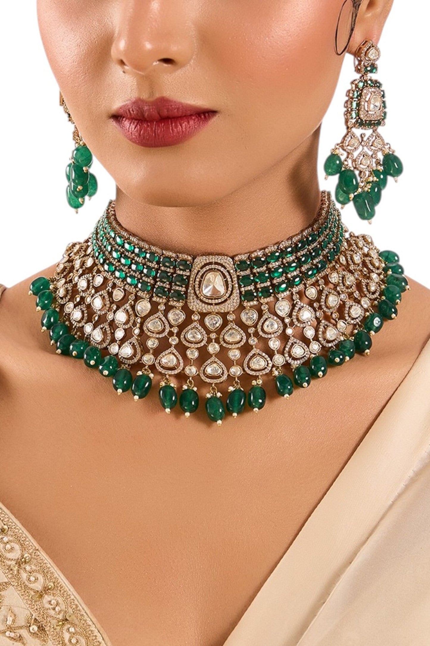 Kundan Polki & Emerald Bead Choker Set 