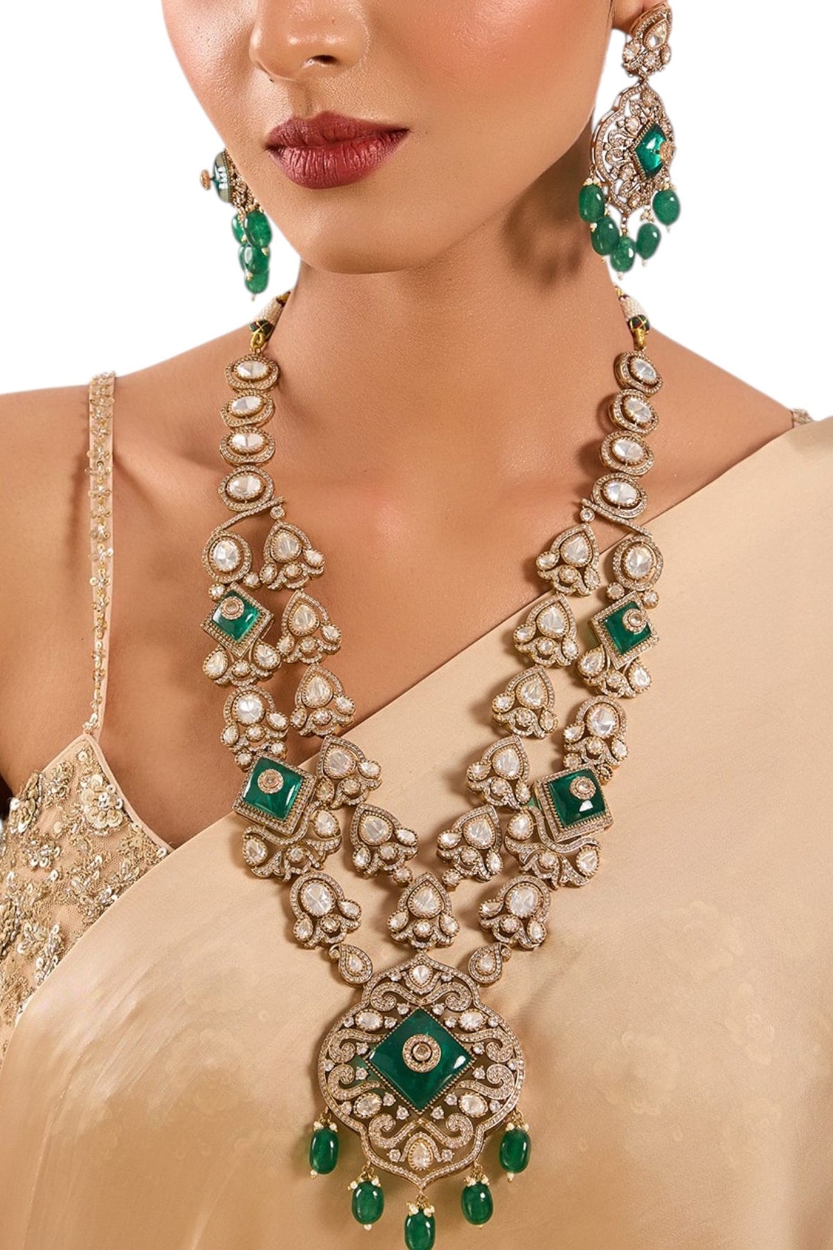 Kundan Polki & Emerald Layered Necklace Set 