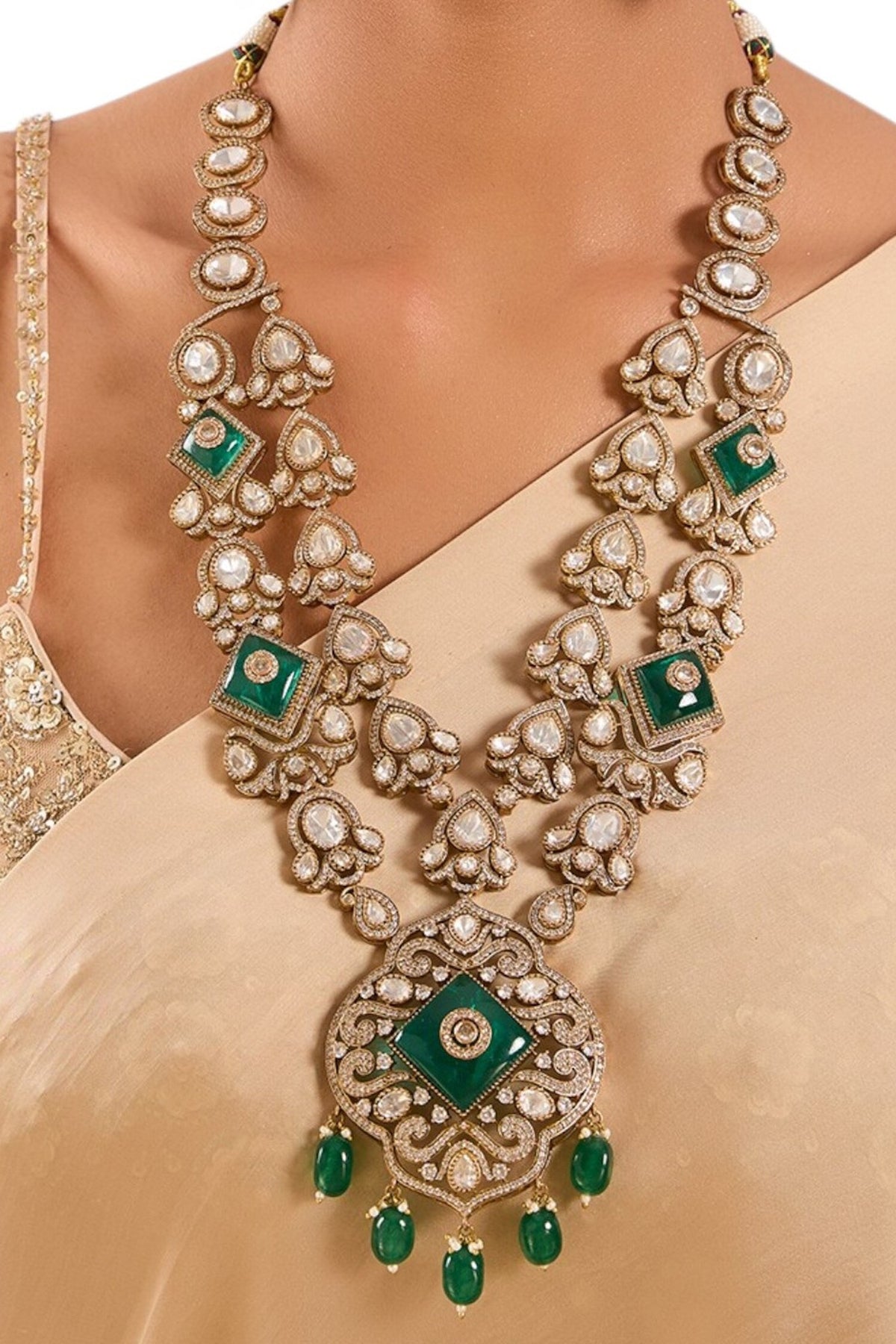 Kundan Polki & Emerald Layered Necklace Set 