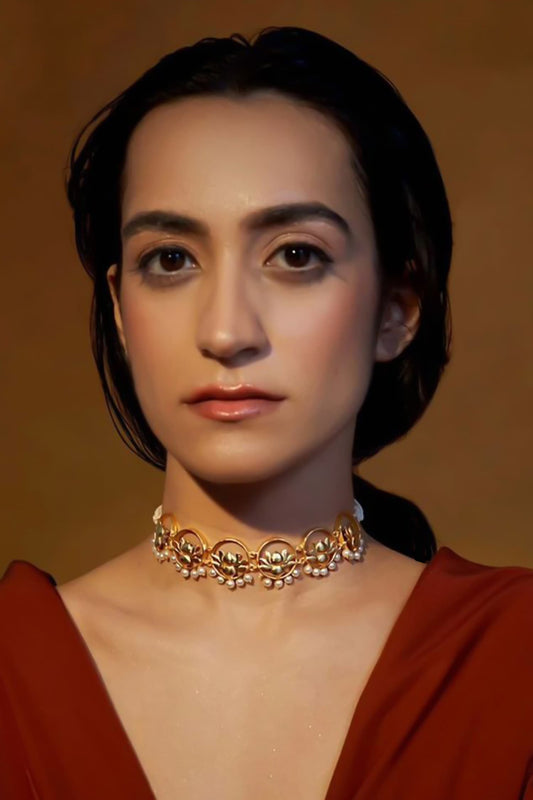 Lotus Motif Pearl Embellished Choker 