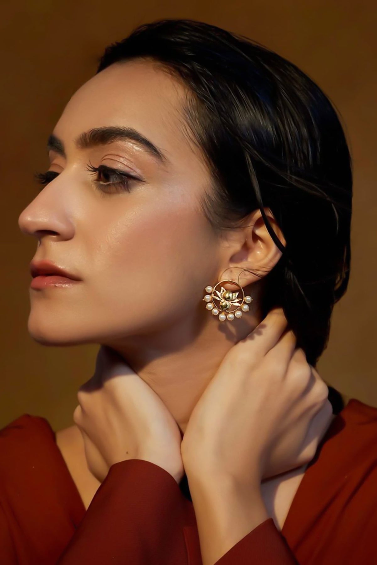 Lotus Motif Pearl Embellished Stud Earrings 