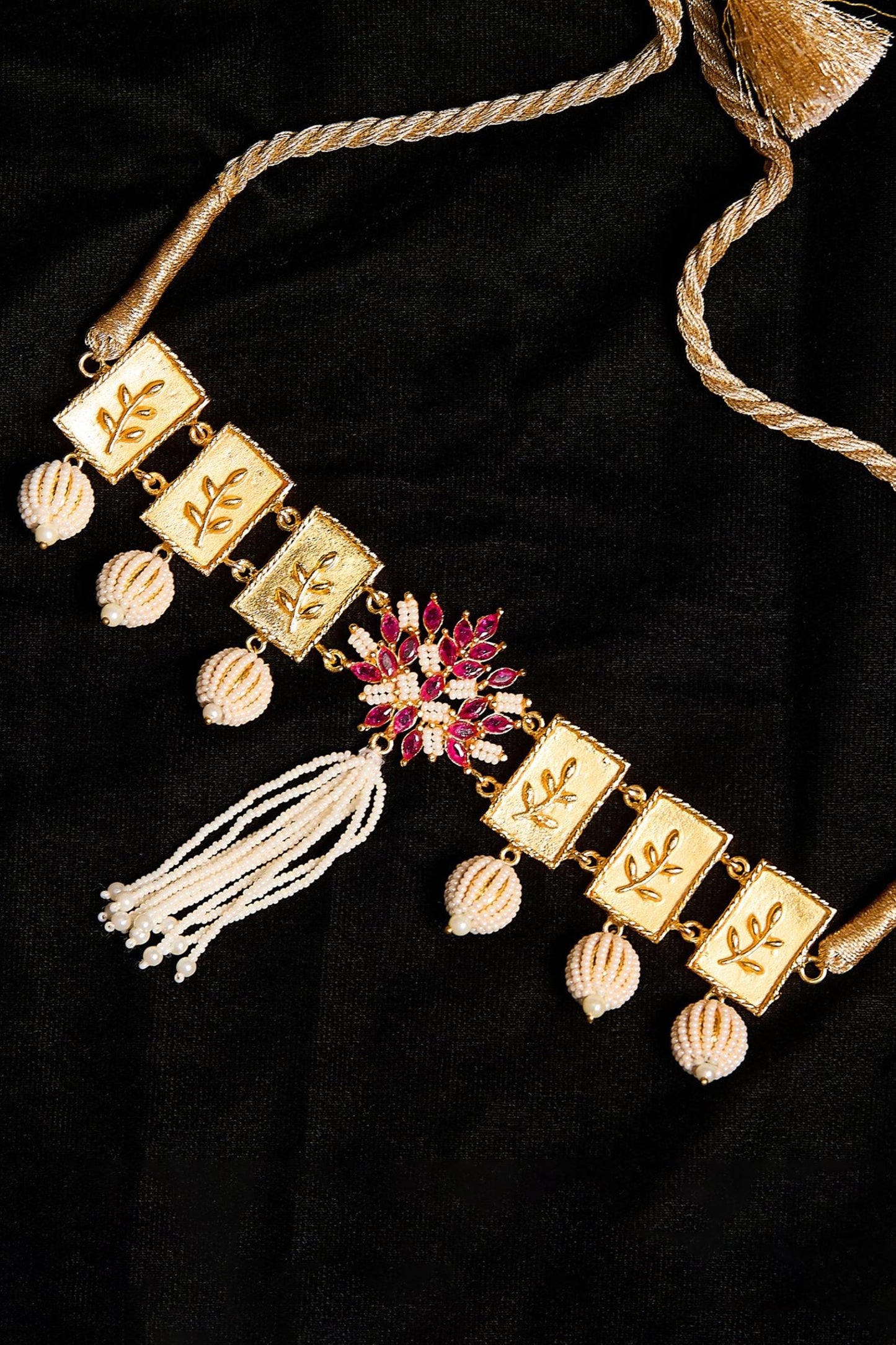 Ruby Leaf Motif & Pearl Choker 