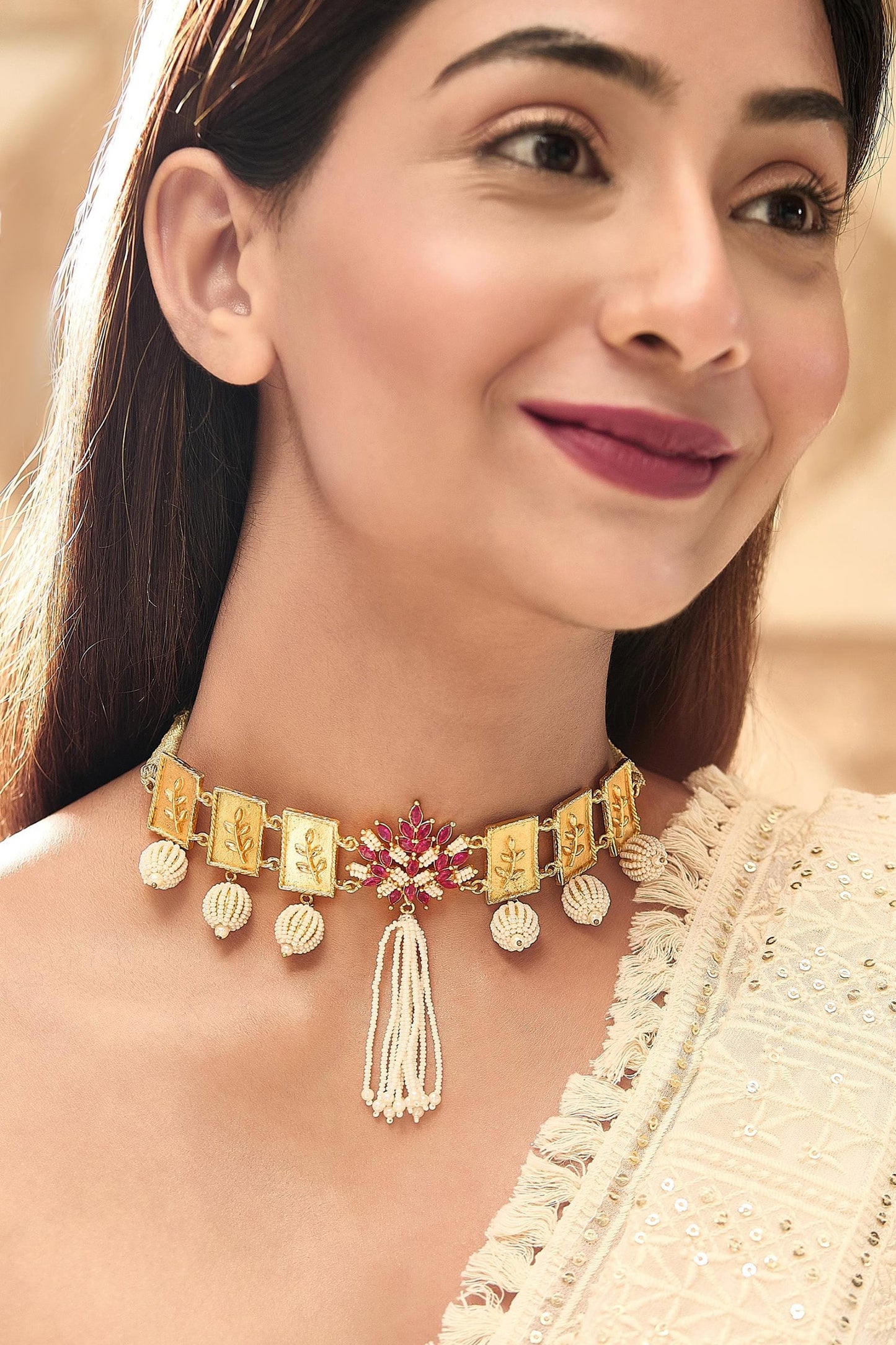 Ruby Leaf Motif & Pearl Choker 