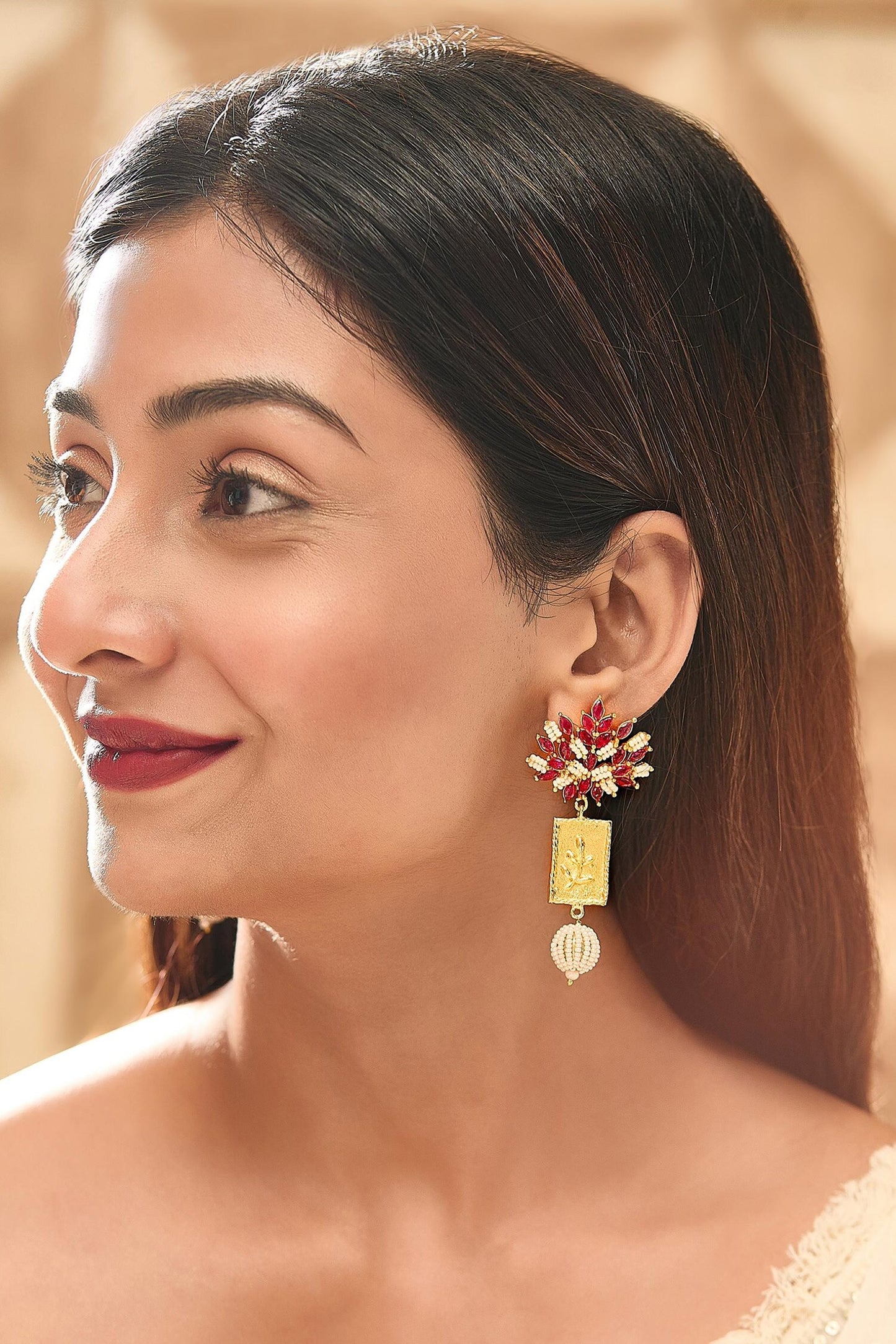 Ruby Leaf Stud Drop Earrings 