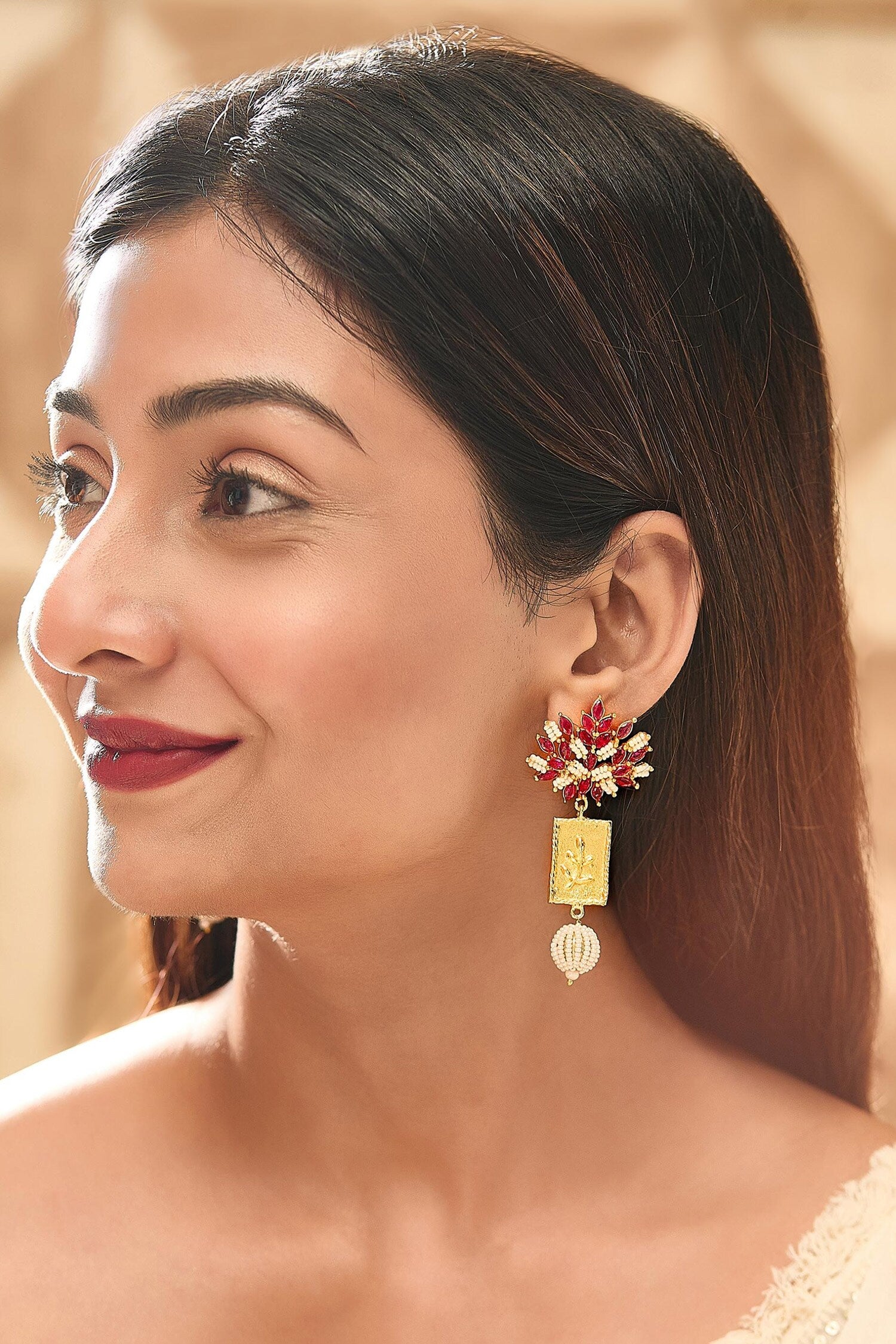 Ruby Leaf Stud Drop Earrings 