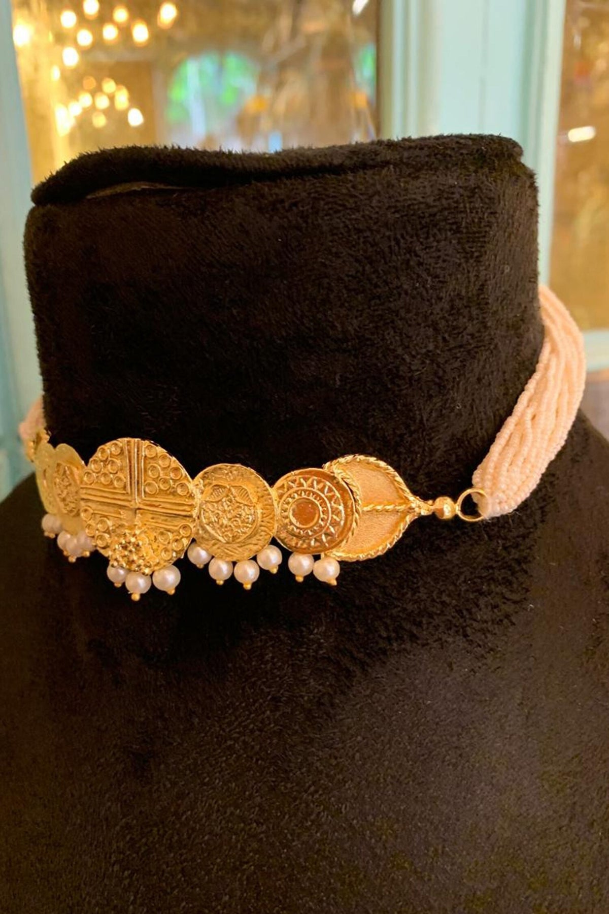 Gold Coin Coin & Pearl Embellished Choker 
