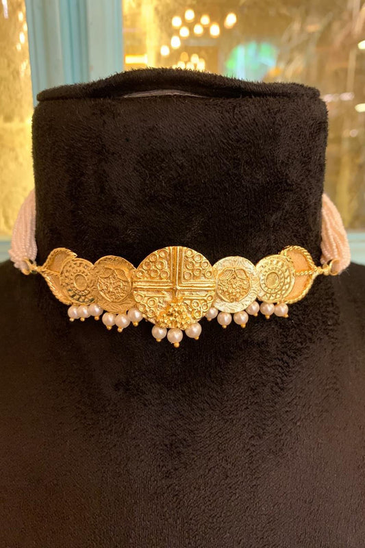 Gold Coin Coin & Pearl Embellished Choker 