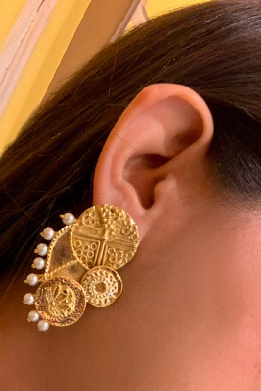 Gold Coin Coin & Pearl Embellished Stud Earrings 