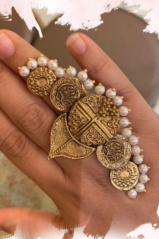 Gold Coin Coin & Pearl Embellished Ring 