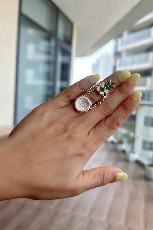 Emerald Leaf & Pearl Embellished Ring 