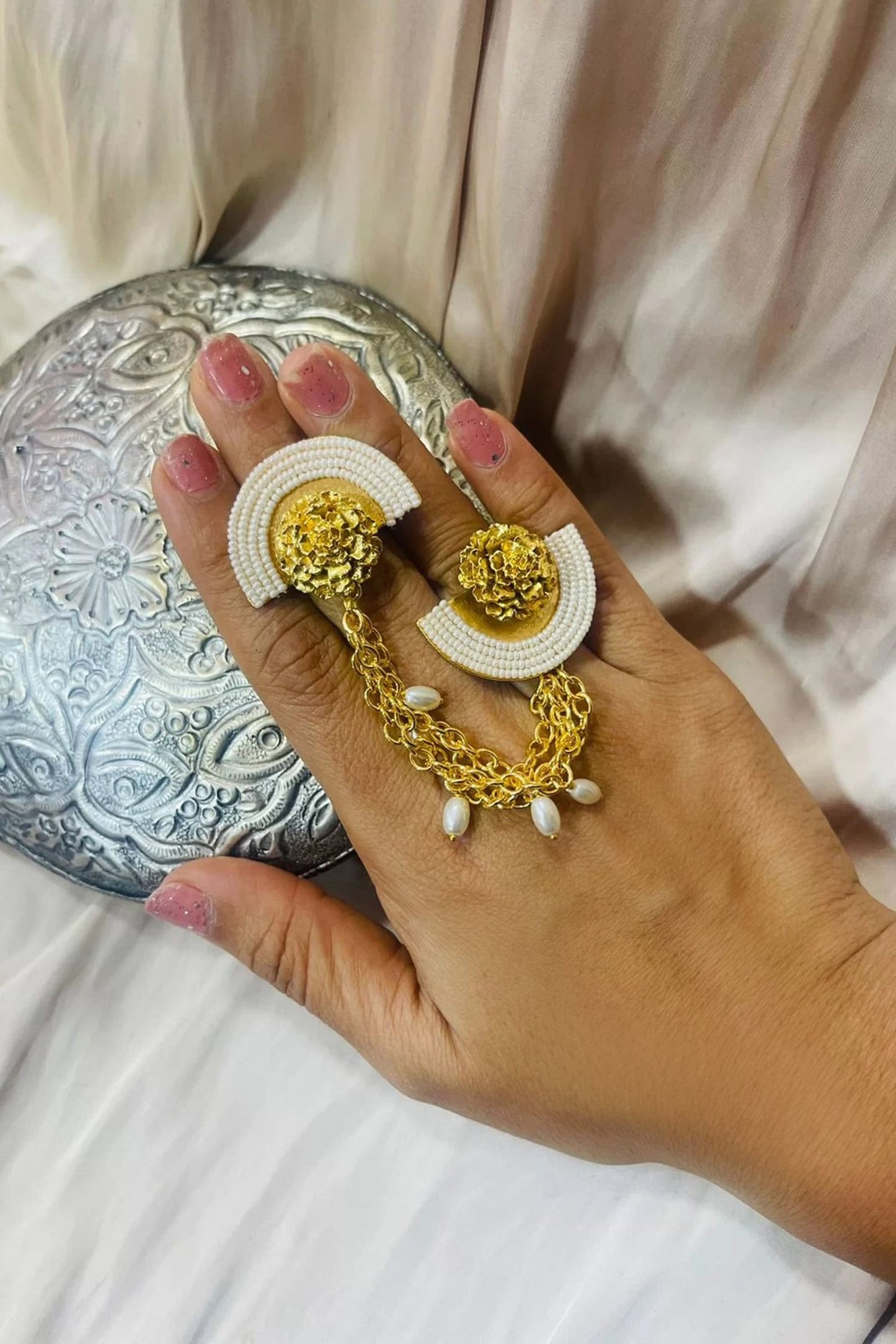 Marigold Gold Plated Pearl Chain Ring 