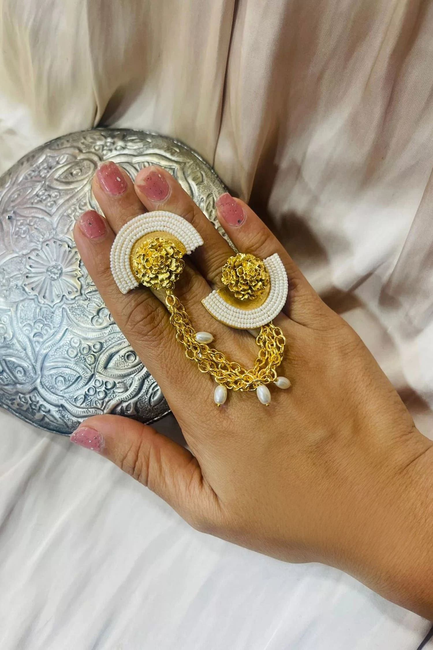Marigold Gold Plated Pearl Chain Ring 