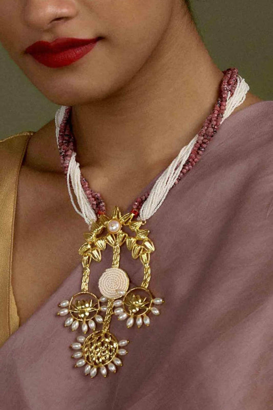 Lotus Trio Lotus Motif Pearl Drop Necklace 