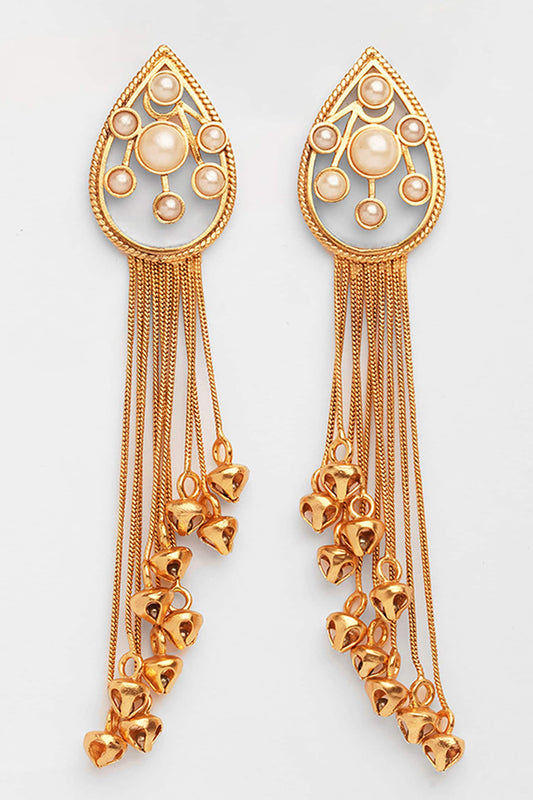 Cluster Pearls Tassel Chain Ghungroo Drop Earring 