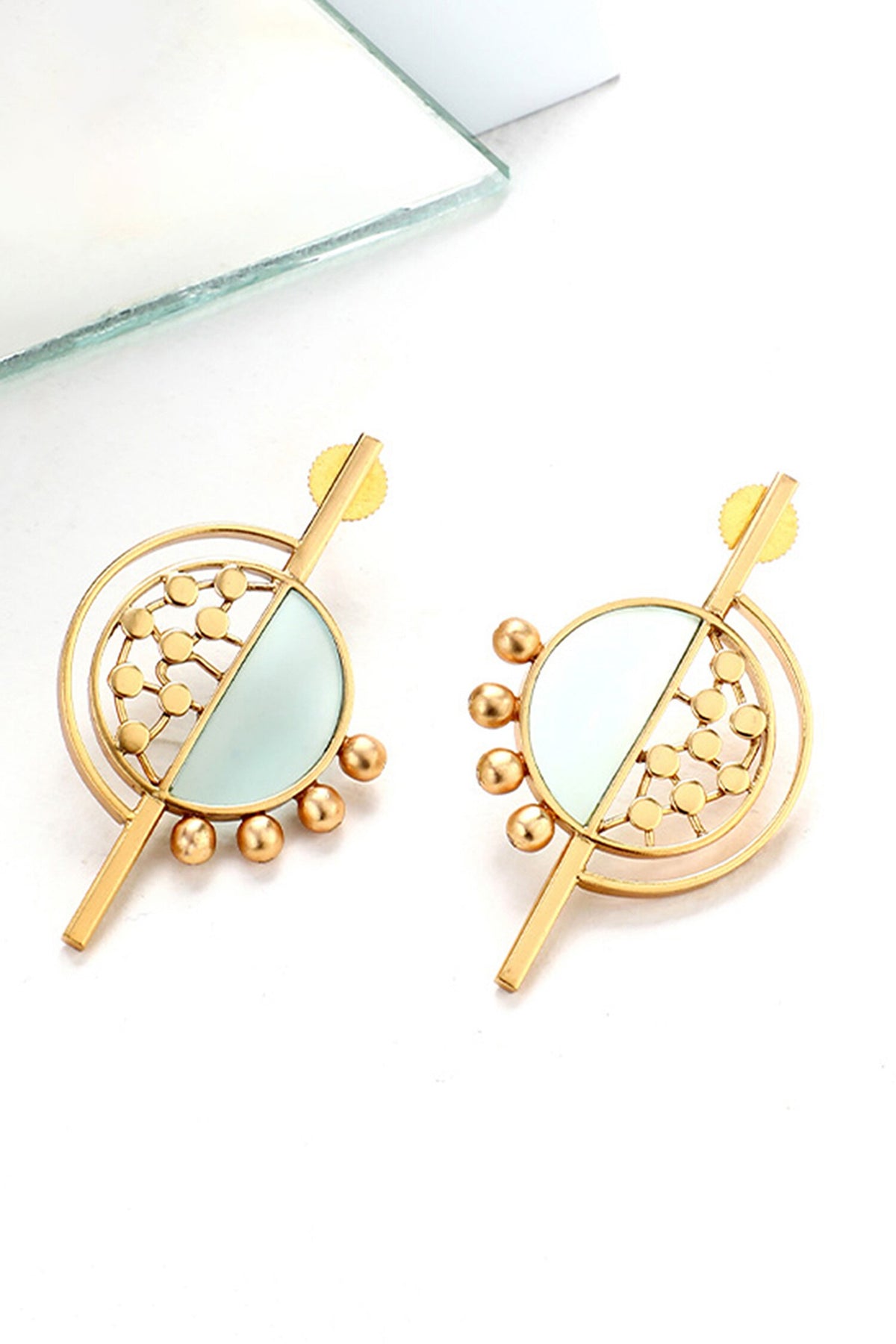 Split Circular Cyan Acrylic & Dotted Earrings 
