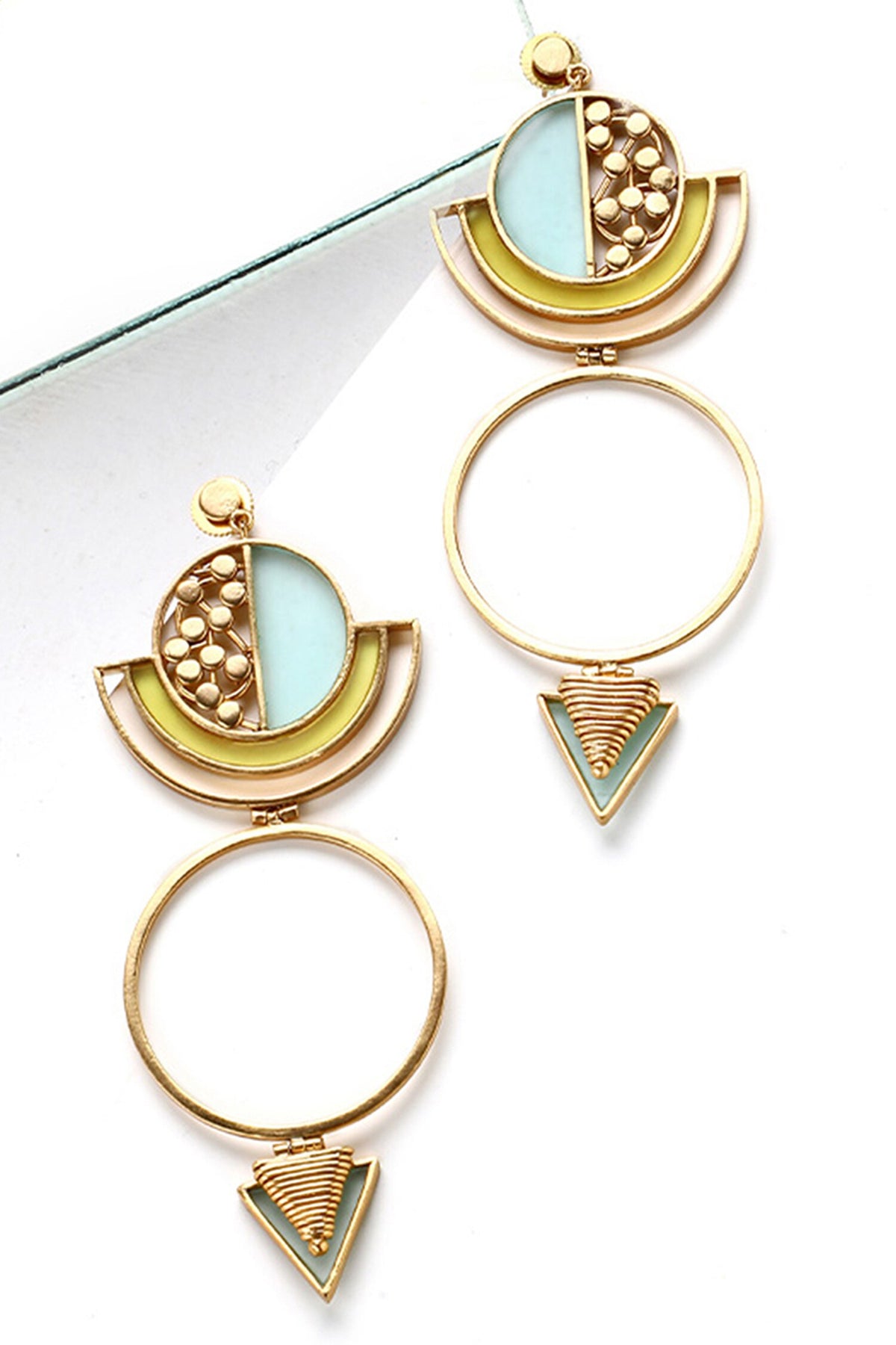 Circular Drop Acrylic Arcs & Coiled Triangles Earrings 