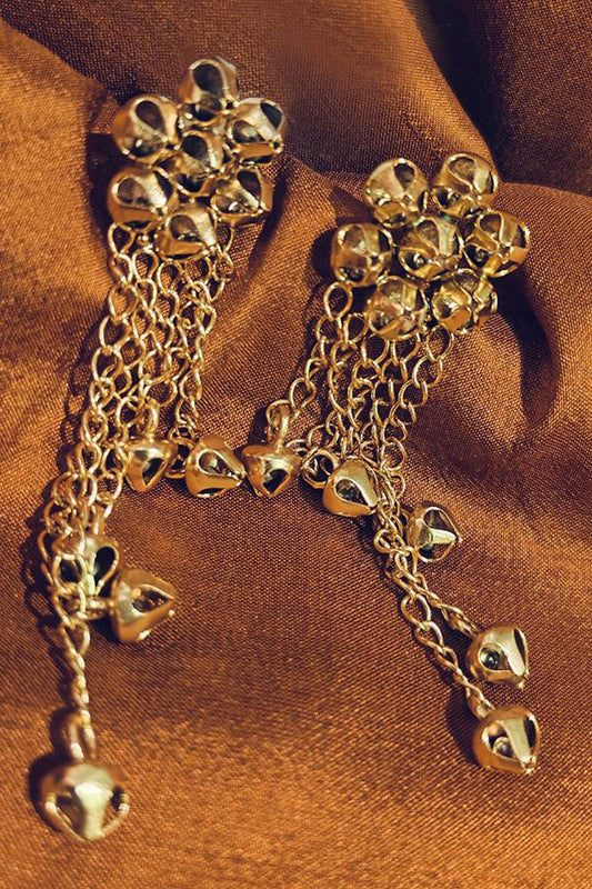 Gold Plated Chain Hanging Ghungroo Flower Earrings 