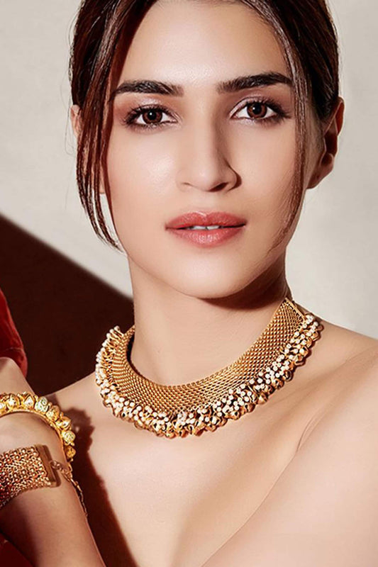 Pearl & Ghungroo Gold Toned Mesh Necklace 