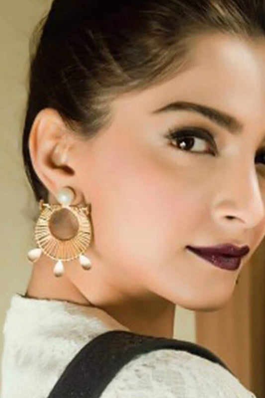 Gold Plated Half Pearl & Stud Wire Moon Earrings 