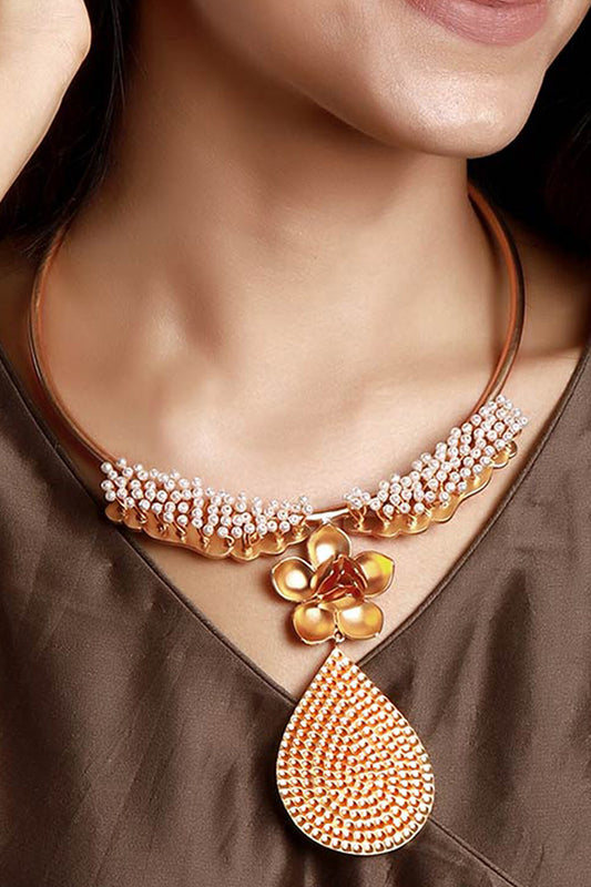 Magnolia & Pearl Drop Pendant Collar Necklace 