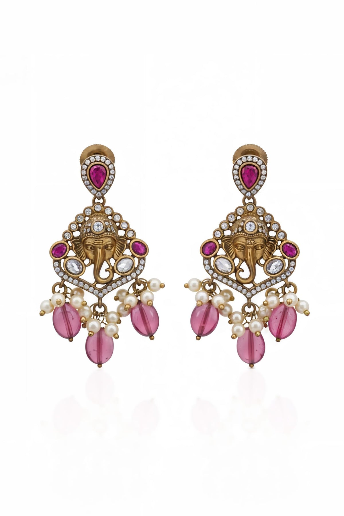 Ganesha Ruby Bead & Pearl Layered Necklace Set 