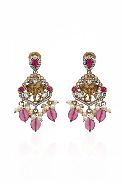 Ganesha Ruby Bead & Pearl Layered Necklace Set 
