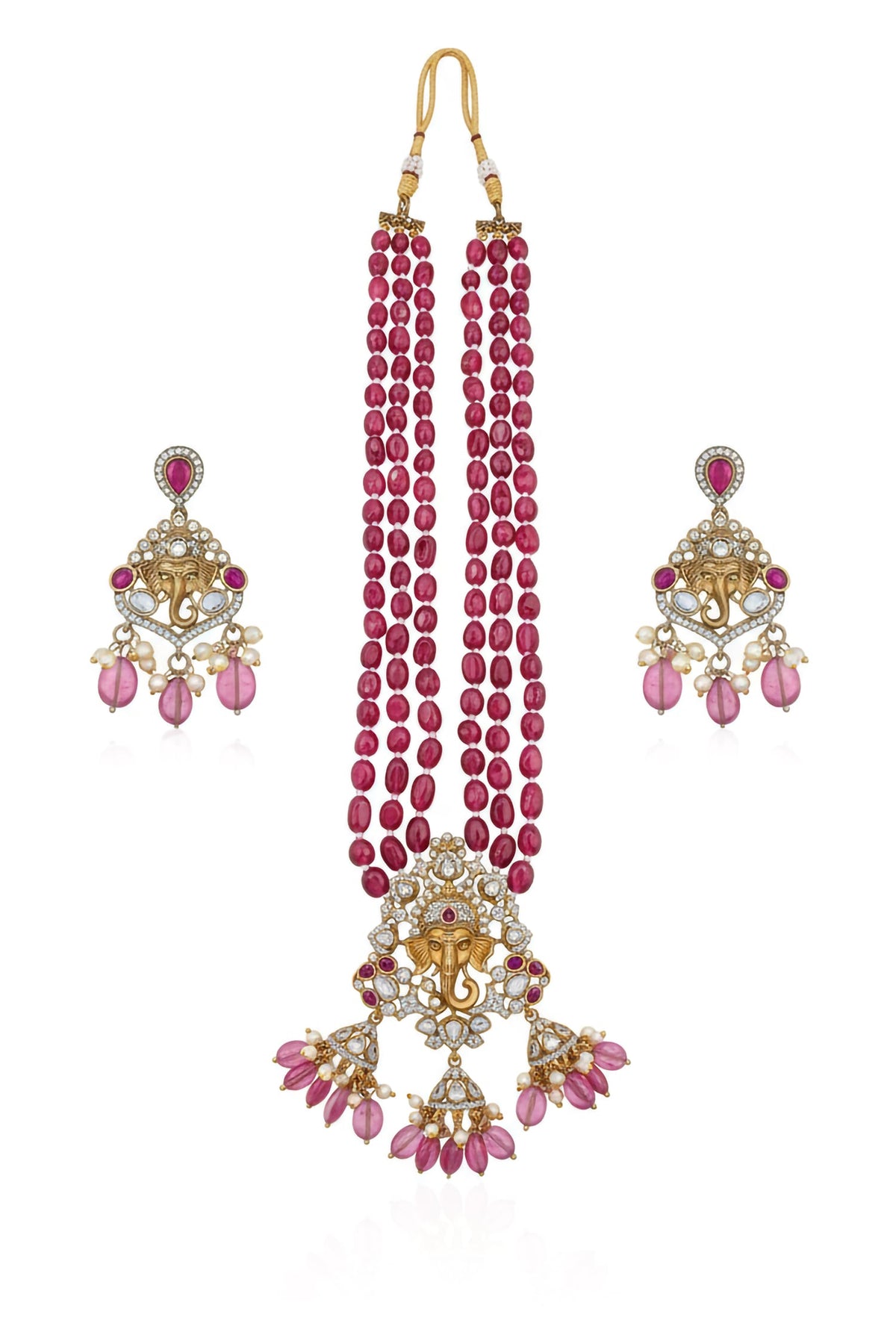 Ganesha Ruby Bead & Pearl Layered Necklace Set 
