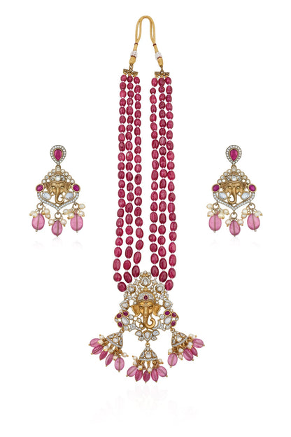 Ganesha Ruby Bead & Pearl Layered Necklace Set 